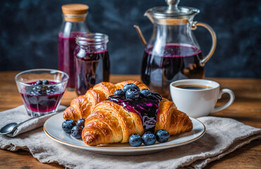 Croissants, coffee, and jam create the perfect cozy breakfast setting