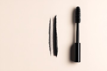 Attached to black tiny line of mascara swatch over pale beige setting is black mascara brush poise erect tiny applicator lovely hue, Generative AI.