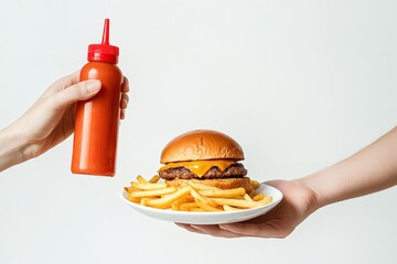 A couple hands holding dish of french fries burger and condiment dish sauce pump with squeeze unit over stark white setting hue, Generative AI.