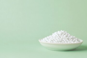 A tiny dish with white polymer beads over pale green setting that depicts the creation of initial supplies and their usage in trade, Generative AI.