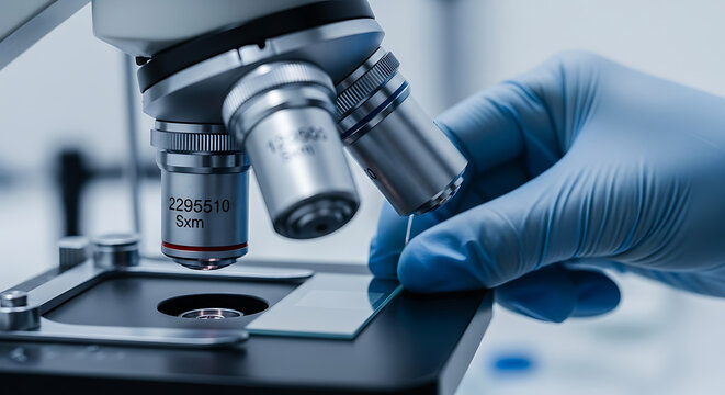 A gloved hand adjusting a microscope, preparing a slide for examination in a laboratory setting. - Powered by Adobe