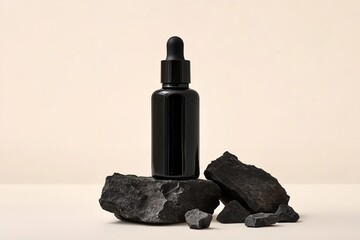 A glass bottle with charcoal bits and serum over pale beige setting depicting pristine skin and exposing grace lovely hue space, Generative AI.