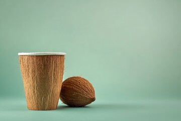 A coconut over pale green setting with disposable cup made from coconut husks depicting ecology and reduction in polluted soil, Generative AI.