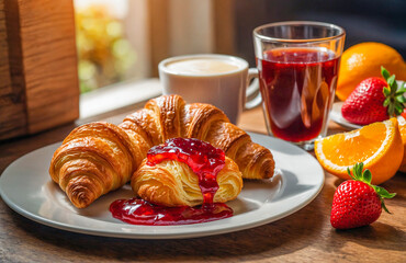 Freshly baked croissants with jam and coffee on rustic wooden tray