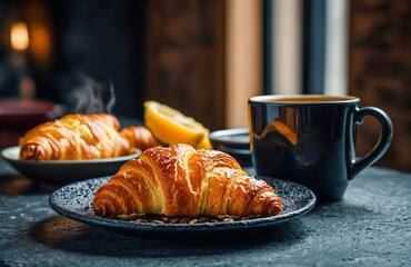 Light-filled breakfast table with croissants, coffee, and soft shadows
