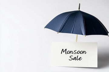 An umbrella helps the white tent card with the words Monsoon Sale over plain white setting showing new season and shopping, Generative AI.