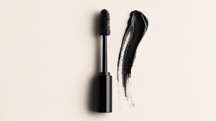 Attached to black tiny line of mascara swatch over pale beige setting is black mascara brush poise erect tiny applicator lovely hue, Generative AI.