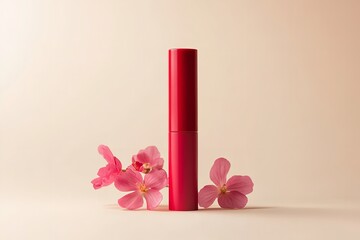 A notion of bloom-infused care and beauty aid is depicted by erect red lip balm with array of pink blooms over pale beige setting, Generative AI.