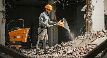 防護装備を着用し専用工具を使用する解体作業員、建物内部で進行中の選択的解体作業と制御された破壊技術、都市リノベーションと再開発プロジェクトのプロフェッショナルな現場風景 - 生成AI