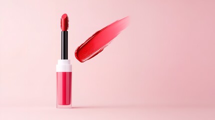 An erect red lip plumper applicator and red lipstick swatch over pastel pink setting depict wholesome lustrous lips lovely hue look, Generative AI.