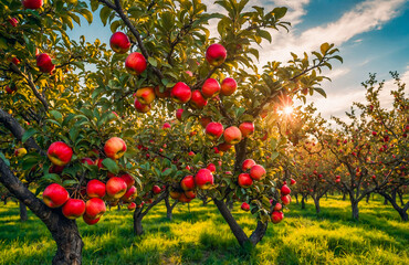 Scenic orchard filled with red apple trees under clear blue sky