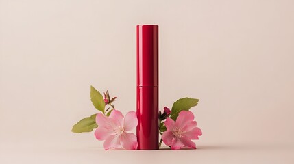A notion of bloom-infused care and beauty aid is depicted by erect red lip balm with array of pink blooms over pale beige setting, Generative AI.