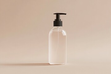 An opaque bottle of hand sanitizer without label over pale beige setting depict antiseptic gel and personal neatness lovely hue, Generative AI.