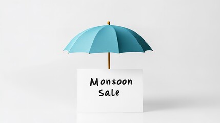An umbrella helps the white tent card with the words Monsoon Sale over plain white setting showing new season and shopping, Generative AI.