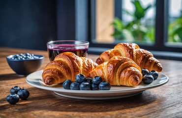Tasty croissants with blueberries and espresso by bright morning window
