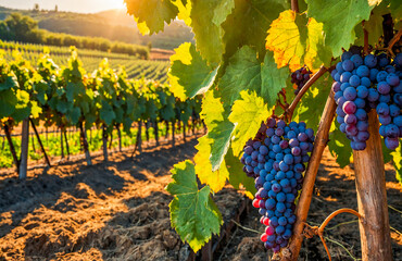 Vineyard close-up showing beautiful grape clusters and green leave