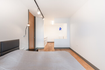 Modern Minimalist Bedroom Interior With Wooden Flooring and Stylish Decorations