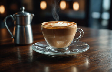 Warm morning latte steaming gently beside silver spoon on wooden table