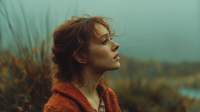 Woman gazes contemplatively at the cloudy sky in a serene natural landscape during early evening