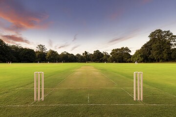Scenic cricket pitch at dusk on lush green field with wooden stumps, professional match-ready ground surrounded by mature trees backdrop.