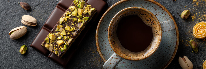 A minimalist flat-lay of a Dubai chocolate bar, broken to show pistachio cream and knafeh strands, next to a ceramic cup of Arabic coffee, pistachio halves, and golden knafeh swirls, on a matte black