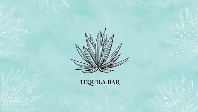 Teal Background with Black Ink Agave Plant Illustration and Tequila Bar Text White Agave Outlines