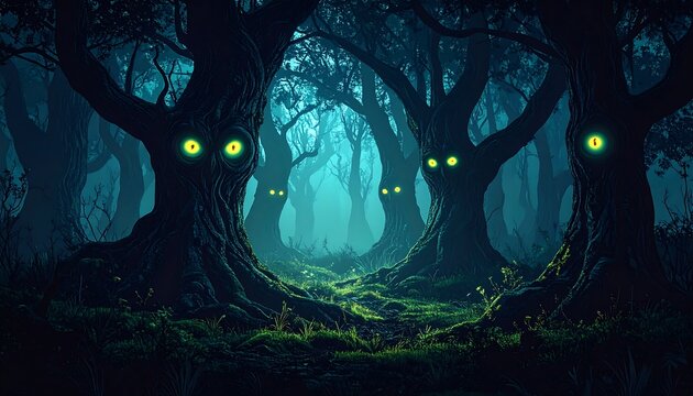 Spooky forest with glowing eyes - Powered by Adobe