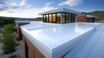 Fototapeta premium Moderne Luxusvilla mit großer Terrasse und Pool bei Sonnenuntergang in minimalistischem Design