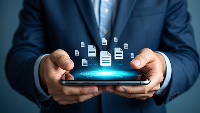 Businessman holding smartphone displaying digital documents and glowing data streams