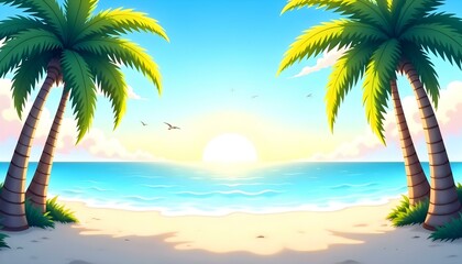Obraz premium Tropical beach landscape vector illustration, palm trees, white sand, blue sea, summer holiday background, sunny sky, flat design, paradise nature scenery