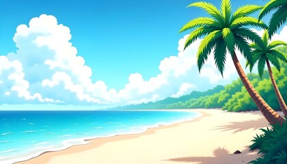 Obraz premium Tropical beach landscape vector illustration, palm trees, white sand, blue sea, summer holiday background, sunny sky, flat design, paradise nature scenery
