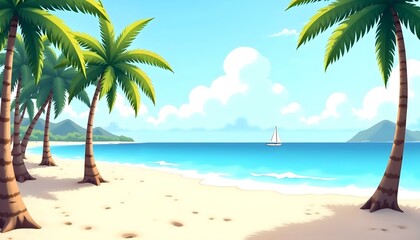 Tropical beach landscape vector illustration, palm trees, white sand, blue sea, summer holiday background, sunny sky, flat design, paradise nature scenery