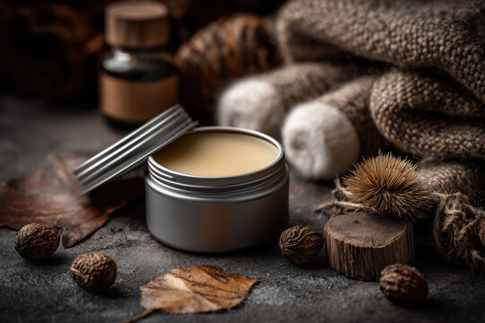 beard balm in matte tin on stone surface, surrounded by natural elements like wood and linen, minimal product styling for upscale men&rsquo;s grooming