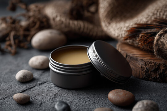 beard balm in matte tin on stone surface, surrounded by natural elements like wood and linen, minimal product styling for upscale men’s grooming