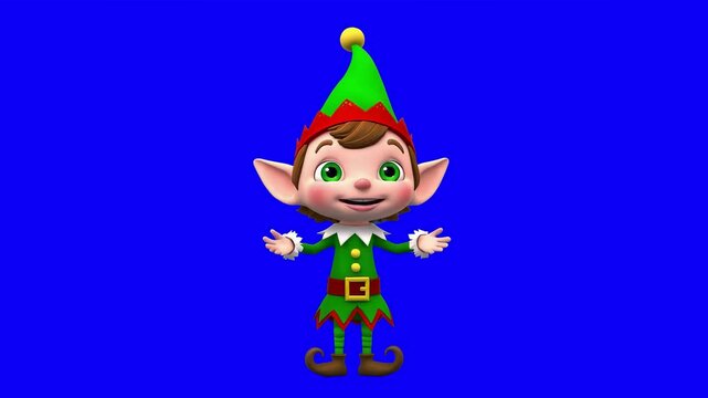 3D cartoon Christmas elf with large green eyes and pointed ears, wearing a green and red festive outfit with a jingle bell hat. The elf stands against a blue chroma key background, happily dancing and