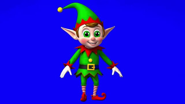 3D cartoon Christmas elf with big green eyes, pointy ears, and a green festive costume with a red trim and jingle bell hat. The elf stands against a blue chroma key background, animated to talk expres