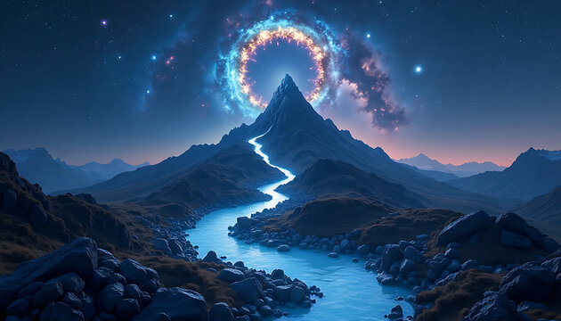 Mystical Landscape: Celestial Ring Above Mountain, River Flowing Through Valley