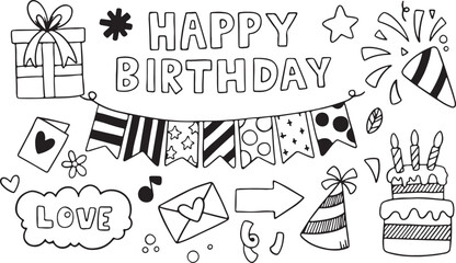  Birthday Banner Vector Set – Hand-Drawn, Text, Flags, Celebration, Party, Icon Pack, Doodle, Black and White, Festive, Cake