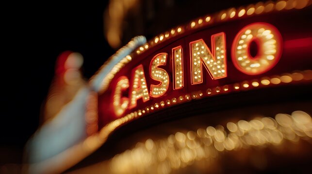 A large casino sign shines brightly at night, attracting visitors to a lively entertainment hub filled with games, dining, and nightlife in a popular city location.
