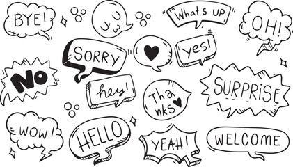  Comic Speech Bubbles with Text &ndash; Handwritten, Pop Style, Doodle, Talk Icon, Love, Sorry, Hello, Black and White, Expression