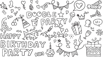 Birthday Party Doodles Set – Fun Celebration, Cake, Banner, Hat, Cupcake, Balloons, Gifts, Hand-Drawn, Festive, Black and White
