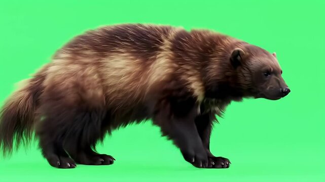 Wolverine (Gulo gulo) Walking on Green Screen. Isolated Side View of a Powerful North American Carnivore with Brown Fur, Ideal for Compositing and ...
