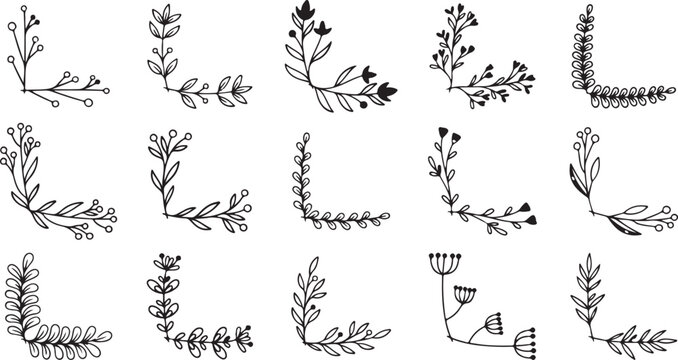 Botanical Leaf Wreath Elements – Elegant Garland, Organic Decor, Minimal Line Art, Nature Doodle, Hand-Drawn, Black and White