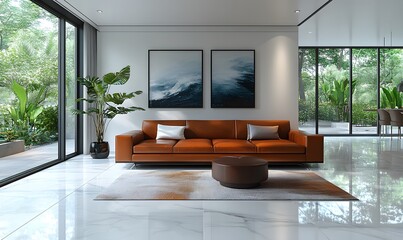 Modern living room with tan leather sofa, abstract art, and lush