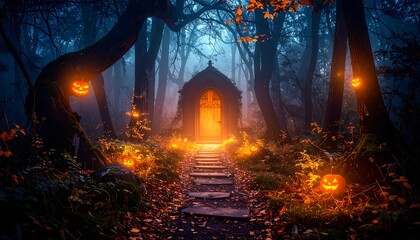 Fototapeta premium Spooky path to glowing hut in misty forest