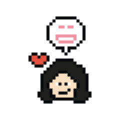 Cute pixel cartoon 8bit character woman lady feel love happy happiness heart emotion decoration in love 8 bit female girl happy favorite enjoy like mood game isolated PNG vector.
