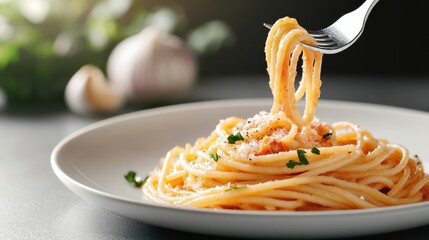 Delicious Forkful of Spaghetti Twirled Up with Fresh Ingredients and Sauce
