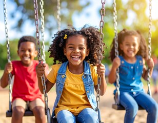 children are playing in the playground riding on the swings