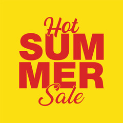 Hot summer sale banner poster. Hot summer sale text vector illustration on yellow background. perfect for sticker, label, tag, badge.