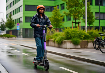Obraz premium Young woman riding an electric scooter through the city streets in early autumn. She wears a orange helmet and raincoat. Urban background, rainy day